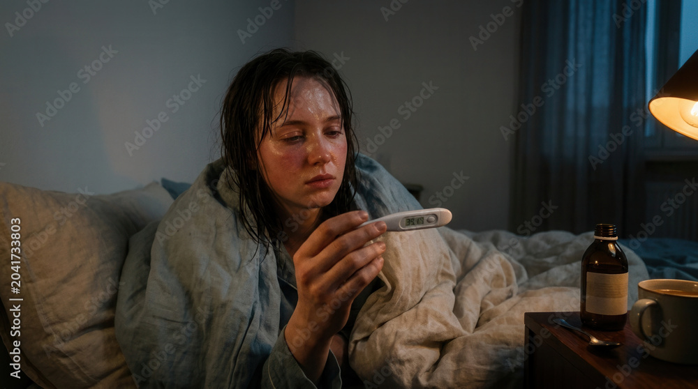 Fototapeta premium Woman Suffering From Illness Checks Temperature Wearing Blanket in Bedroom