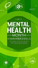 A vibrant green poster promoting mental health awareness with geometric patterns
