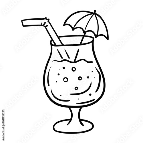Black and white vector outline drawing of a refreshing summer cocktail in a glass with a straw and a decorative small umbrella. Simple isolated graphic element in doodle style, perfectly suited for su