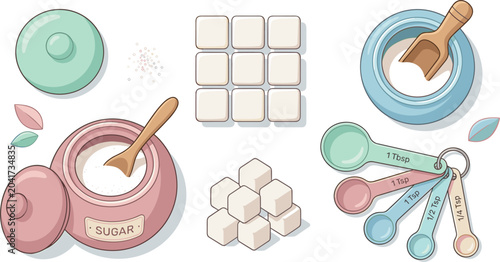 Schilderij op canvas Cute Pastel Sugar Bowl and Measuring Spoons Vector Set with Sweet White Sugar Cu