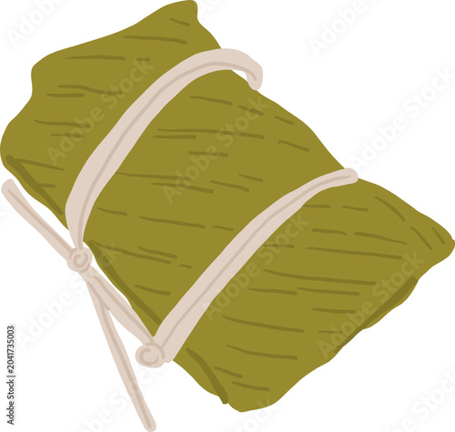Hand-drawn Thai sweet sticky rice with banana wrapped in banana leaf vector illustration