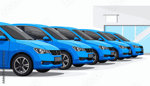 Several bright blue cars parked in a row outside a building