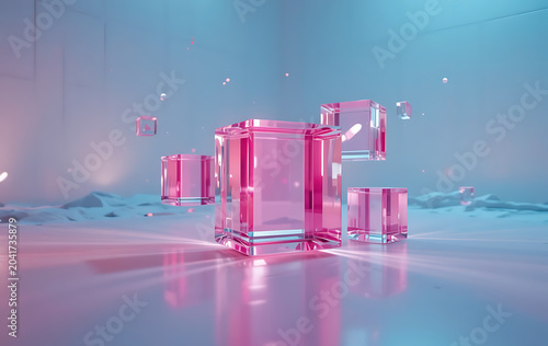 Abstract 3D pink glass cubes floating on reflective surface with soft bokeh lights