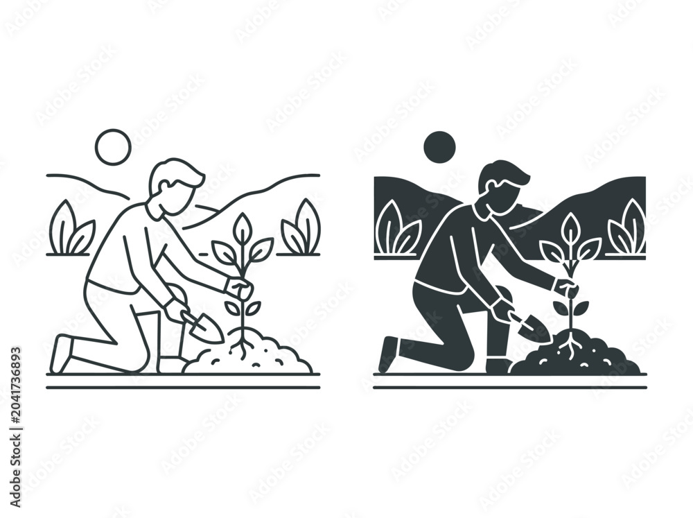 Fototapeta premium Gardener planting a small green tree seedling in the soil using a shovel outdoor illustration