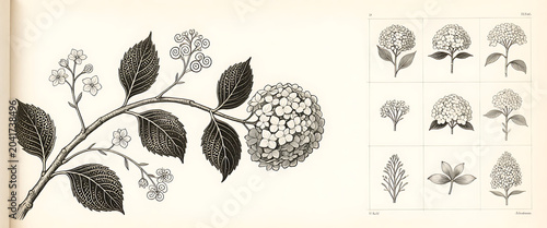 Compilation of hydrangea illustrations showing diverse shapes and forms.