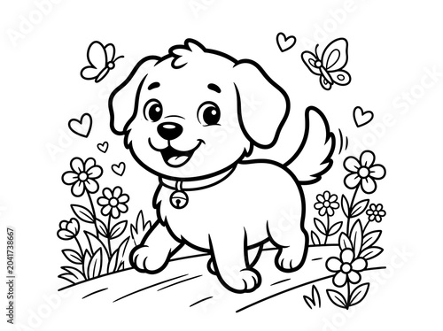 Cartoon dog standing in garden with flowers butterflies and hearts