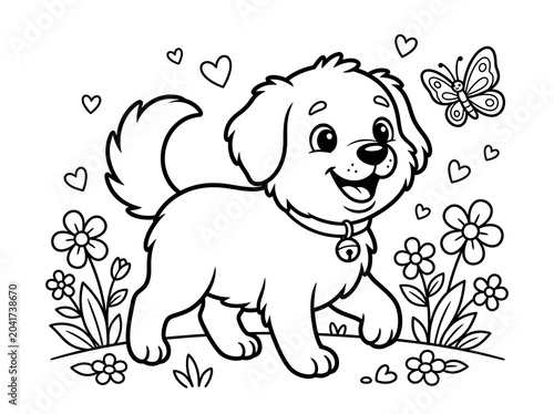 Cute dog standing in flowers with butterfly and hearts around  happy scene