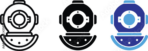 Принти на полотні Vintage deep sea diving helmet marine exploration vector icons illustration