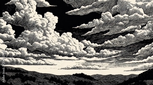 Woodcut-style sky with dramatic layered clouds in high-contrast monochrome