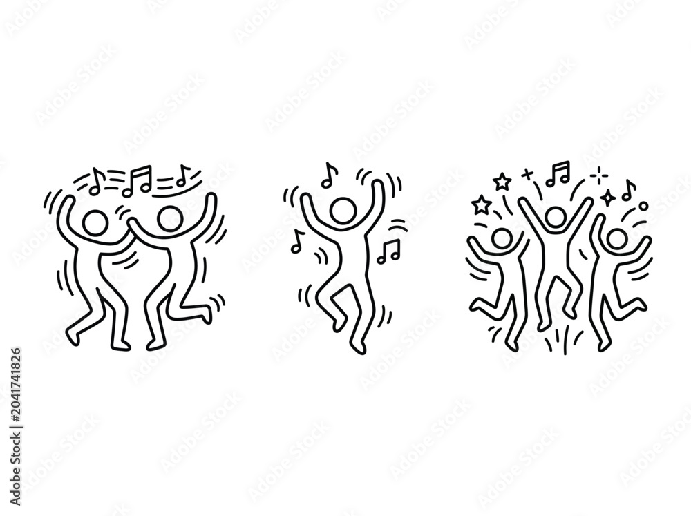 Fototapeta premium Dancing stick figures collection featuring happy people celebrating with music notes in a simple line style
