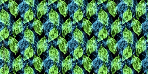 Seamless pattern of fine green leaves in a holographic style, showcasing vibrant pastel neon colors, perfect for digital designs.