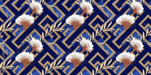 Elegant seamless modern Greek pattern featuring stylized olive branches and meander designs in a chic blue, white, and gold palette.