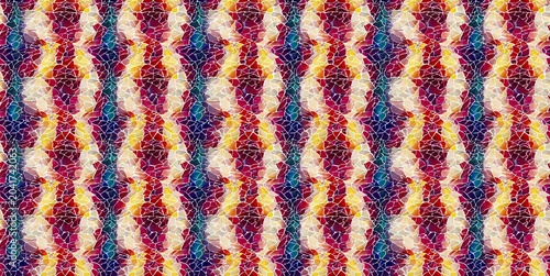 Vibrant seamless pattern featuring colorful mosaic tiles and abstract organic shapes in a bright Mediterranean palette.