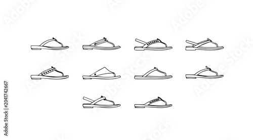 Collection of ten simple sandal designs with subtle embellishments on a white background