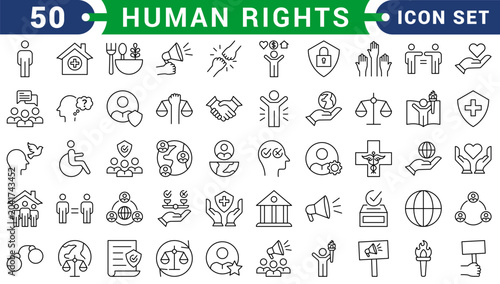 Photos Human Rights line icon set featuring equality, justice, freedom, law, diversity, peace, and advocacy
