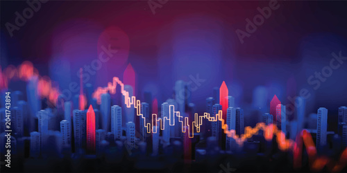 Slika na platnu Red sound wave glowing over a night city skyline with urban lights and fountain