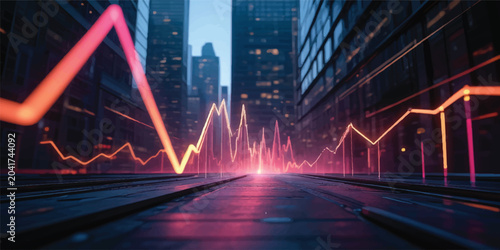 Quadro em tela Vibrant evening traffic blurs past illuminated city buildings and a glowing red