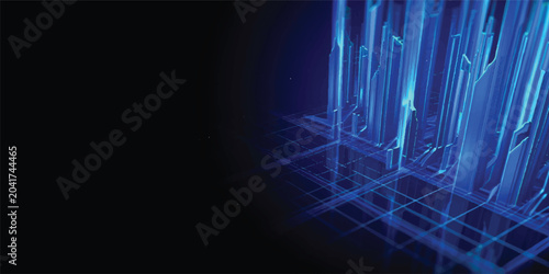 A digital animation of a bright blue fiber optics background features energy rays, glowing light spots, and motion effects looping through dark space