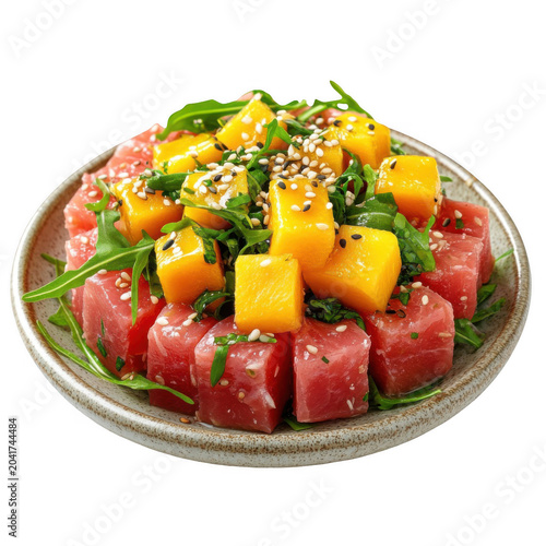 Fresh tuna poke bowl with cubed raw tuna mango arugula and sesame seeds served in bowl