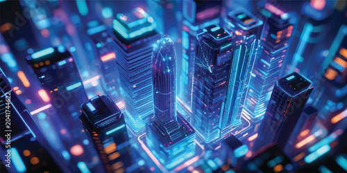 Tableau sur toile A macro view of a digital circuit board with a fiber optics background and glowi