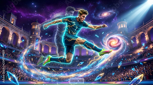 Dynamic Soccer Star Channels Galactic Energy, Leaping in a Vibrant Cosmic Stadium with Radiant Swirls and Distant Nebulae