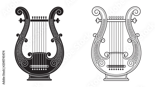 Harp Illustration with Ornate Greek Key Frame, Symmetrical Curls and Strings, Black and White Decorative Music Instrument Design