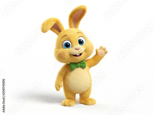 Cute cartoon bunny mascot waving in 3D render cheerful greeting pose isolated on white