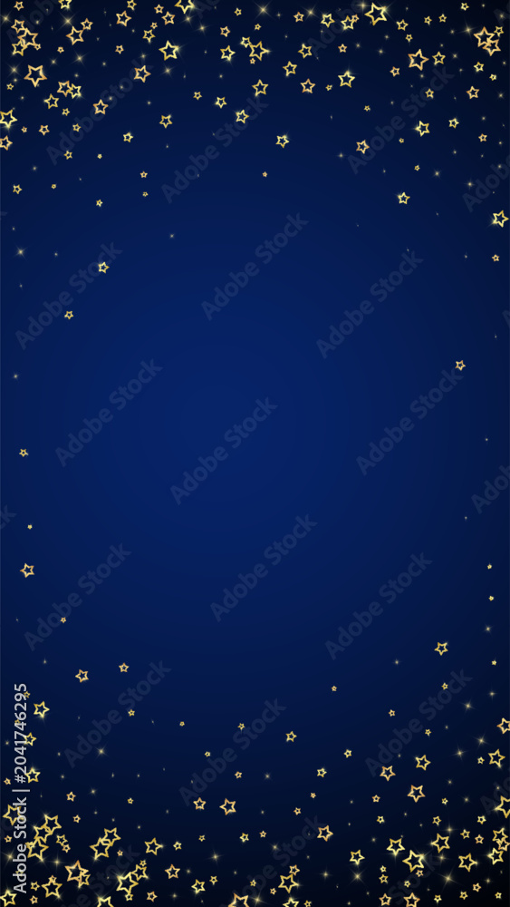 Naklejka premium Christmas spirit. Scattered falling stars. Festive christmas confetty overlay template. Festive stars vector illustration on dark blue background.