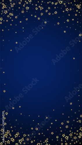 Christmas spirit. Scattered falling stars. Festive christmas confetty overlay template. Festive stars vector illustration on dark blue background.