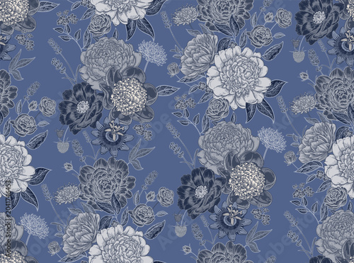 Seamless pattern with peonies, roses, and lavender. Flower background. Template for creating fabrics, textiles, wallpaper, and paper. Floral garlands. Vintage graphics. Vector.