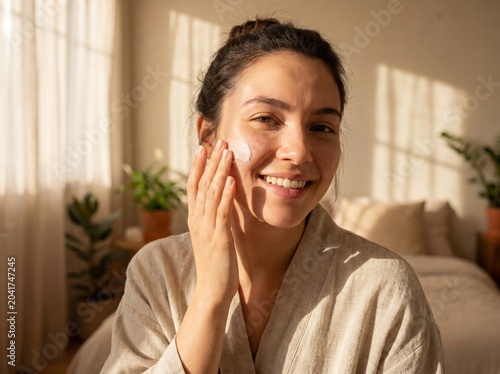 Young woman applying skincare cream during relaxed morning routine at home