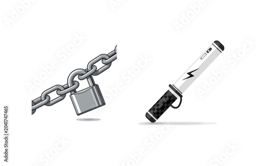 Fotografie Detailed vector illustrations of security and self-defense tools, featuring a me