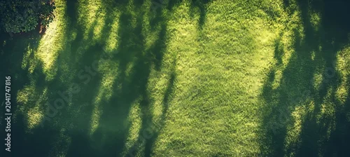 Panel kuchenny z motywem Aerial view of a lush green lawn surrounded by trees casting intricate shadows on the grass surface