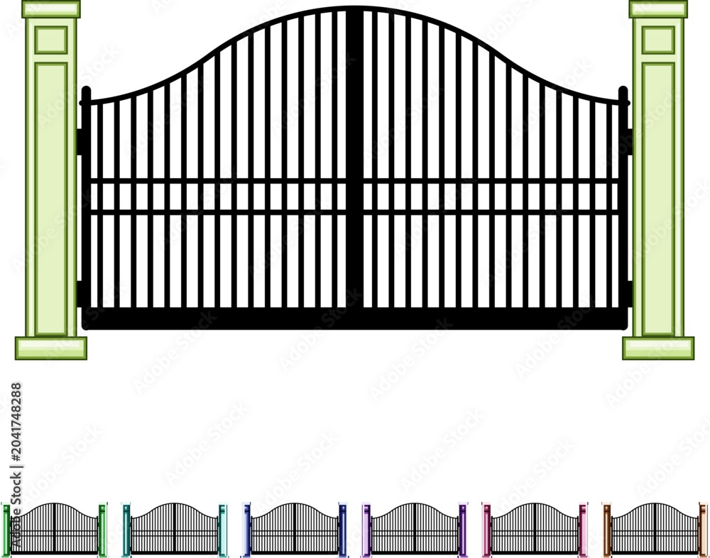 Obraz premium Ornate arching black iron gate with vertical bars and two decorative pillars standing on a white background, offering a concept of security, privacy, and entrance for homes or properties