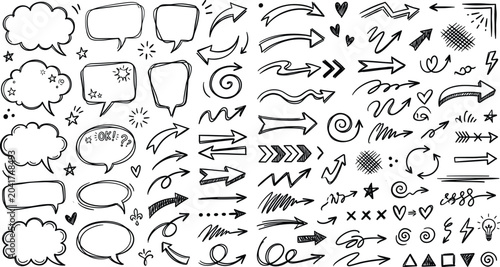 Obraz na plátně Hand drawn doodle elements collection speech bubbles arrows hearts and scribbles