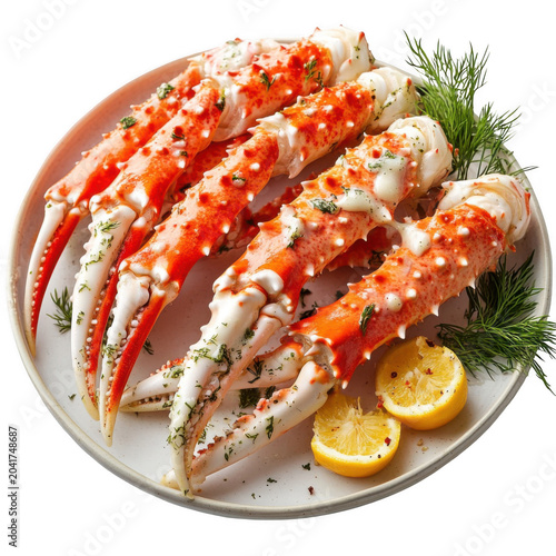 Large delicious king crab legs garnished with fresh dill and served with yellow lemon slices