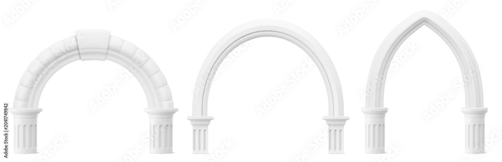 Naklejka premium Ancient Roman arches set isolated on background. Vector realistic illustration of classic white stone columns and pillar details, 3D Greek marble molding gateways, elegant presentation design elements