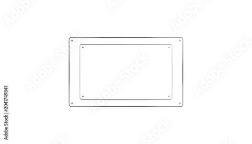 Rectangular mounting bracket plate with central cutout and corner screw holes for industrial hardware installation