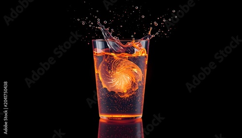 Bright orange liquid splash in clear glass with sphere dropping dynamic motion against dark background