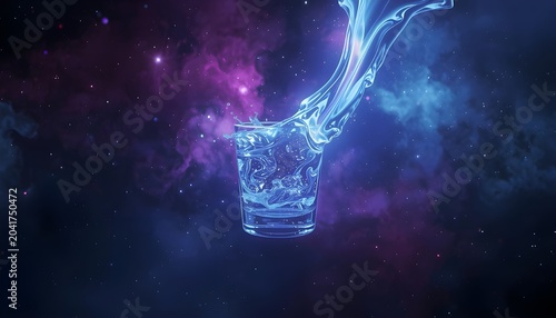 Transparent glass of water with flowing stream against cosmic nebula background surreal abstract composition