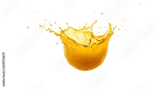 Golden yellow liquid splash crown droplets motion white background