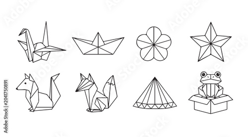Origami Animal and Object Set Clean Line Art on White Background