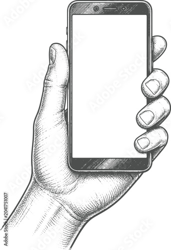 Quadro su tela Hand Holding Smartphone Mockup Vintage Engraving Vector Illustration