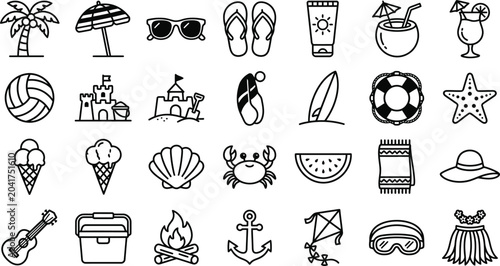 Schilderij op canvas Summer Beach Activity and Tropical Travel Line Icons Set for Holiday