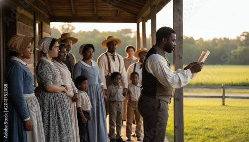 An emotional historical reenactment scene of an African American family listening to the reading of the freedom proclamation for a powerful Juneteenth celebration concept