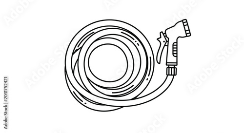 Coiled black and white garden hose with a spray nozzle attachment for outdoor watering and lawn maintenance tasks for yard.