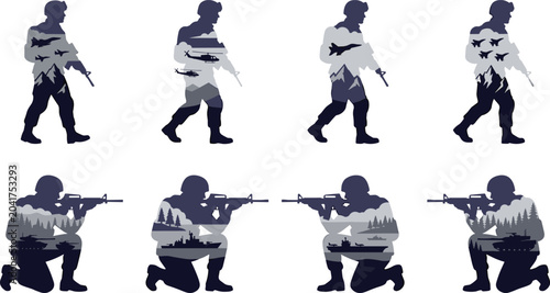 Foto Tactical Soldier Silhouette Collection with Camouflage Military Personnel Walkin