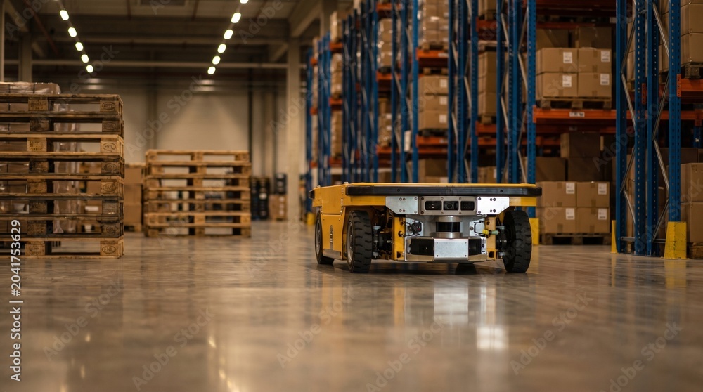 Naklejka premium Autonomous yellow robotic transport platform driving through a large industrial warehouse with high storage racks and wooden pallets.
