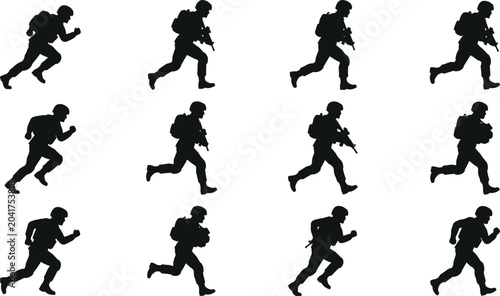Quadro em tela Running Soldier Silhouette Set with Military Personnel Sprinting Poses Tactical