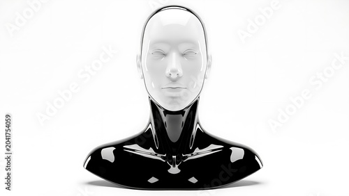 Monochrome rendering of a smooth, futuristic humanoid head and shoulders, high contrast